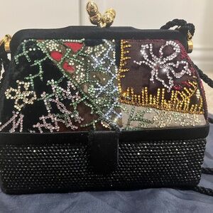 Judith Leiber Black Satin and Multicolor Crystal Evening Bag with Gold Hardware